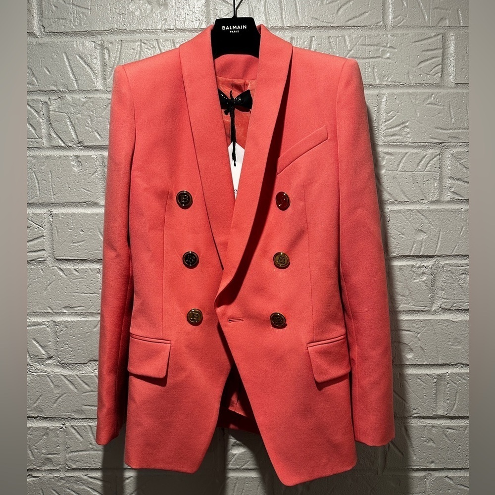 New Balmain Double-Breasted Wool Salmon Pink Blazer Size 34 - Picture 9 of 16